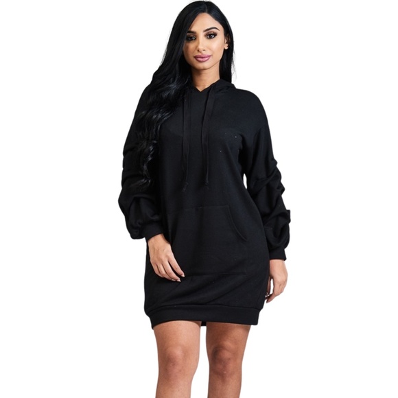 Bubble Sleeve Hoodie Sweatshirt Dress – French Terry Comfort - Picture 2 of 4